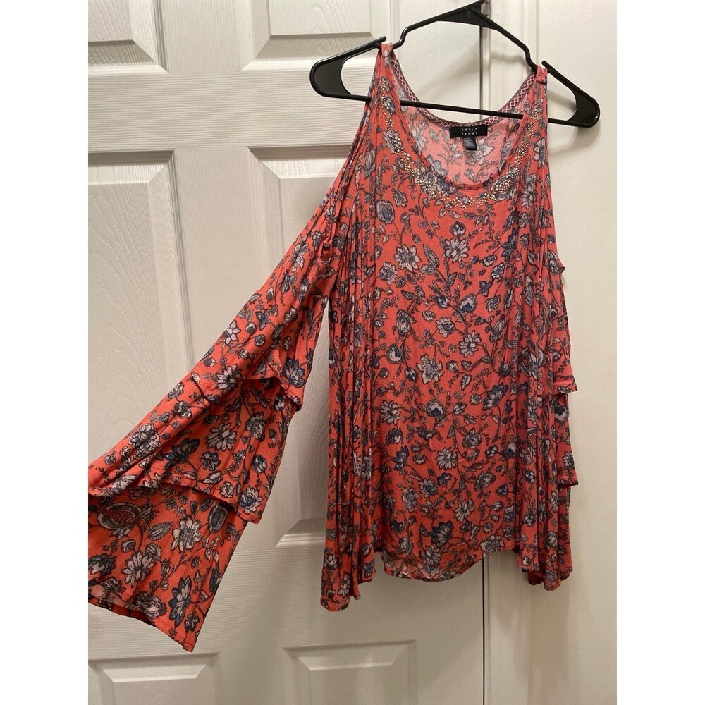 Kelly Renee Coral Blouse Floral Boho Open Shoulders Rhinestone Women's Large